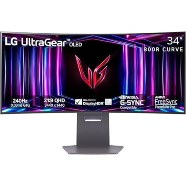 LG 34GS95QE 34-inch Ultragear OLED Curved Gaming Monitor WQHD 800R 240Hz 0.03ms DisplayHDR True Black 400 AMD FreeSync Premium Pro NVIDIA G-Sync HDMI 2.1 DisplayPort Tilt/Height/Swivel Stand Black