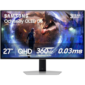 SAMSUNG 27-Inch Odyssey G6 (G60SD) Series OLED Gaming Monitor with QHD 360Hz 0.03ms, Anti-Glare, Sleek Metal Design, LS27DG602SNXZA, 2024
